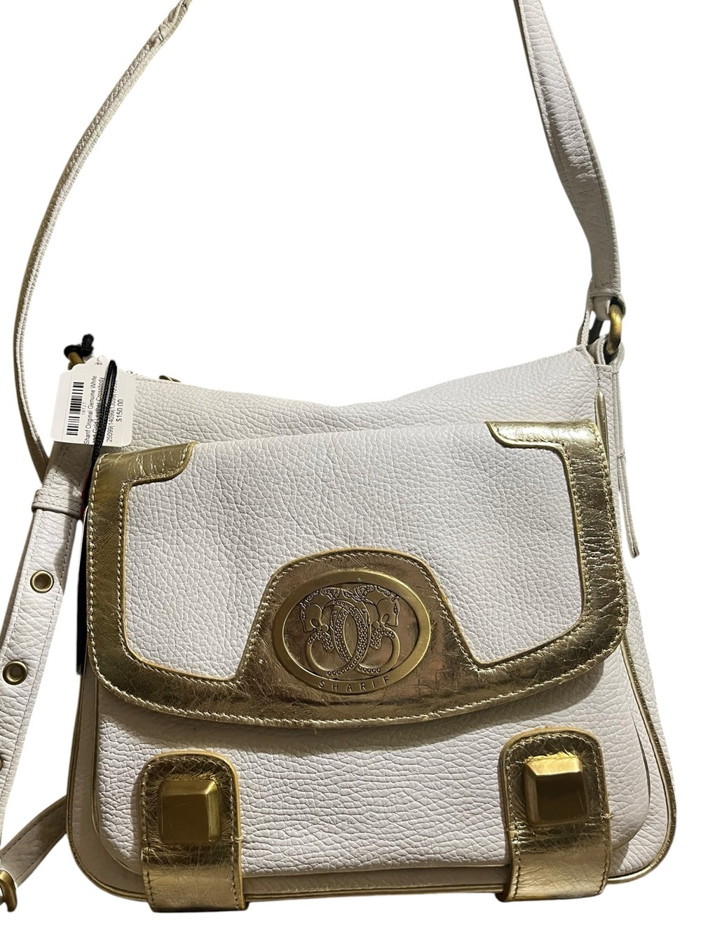 Sharif White and Gold Studded Leather Crossbody Bag